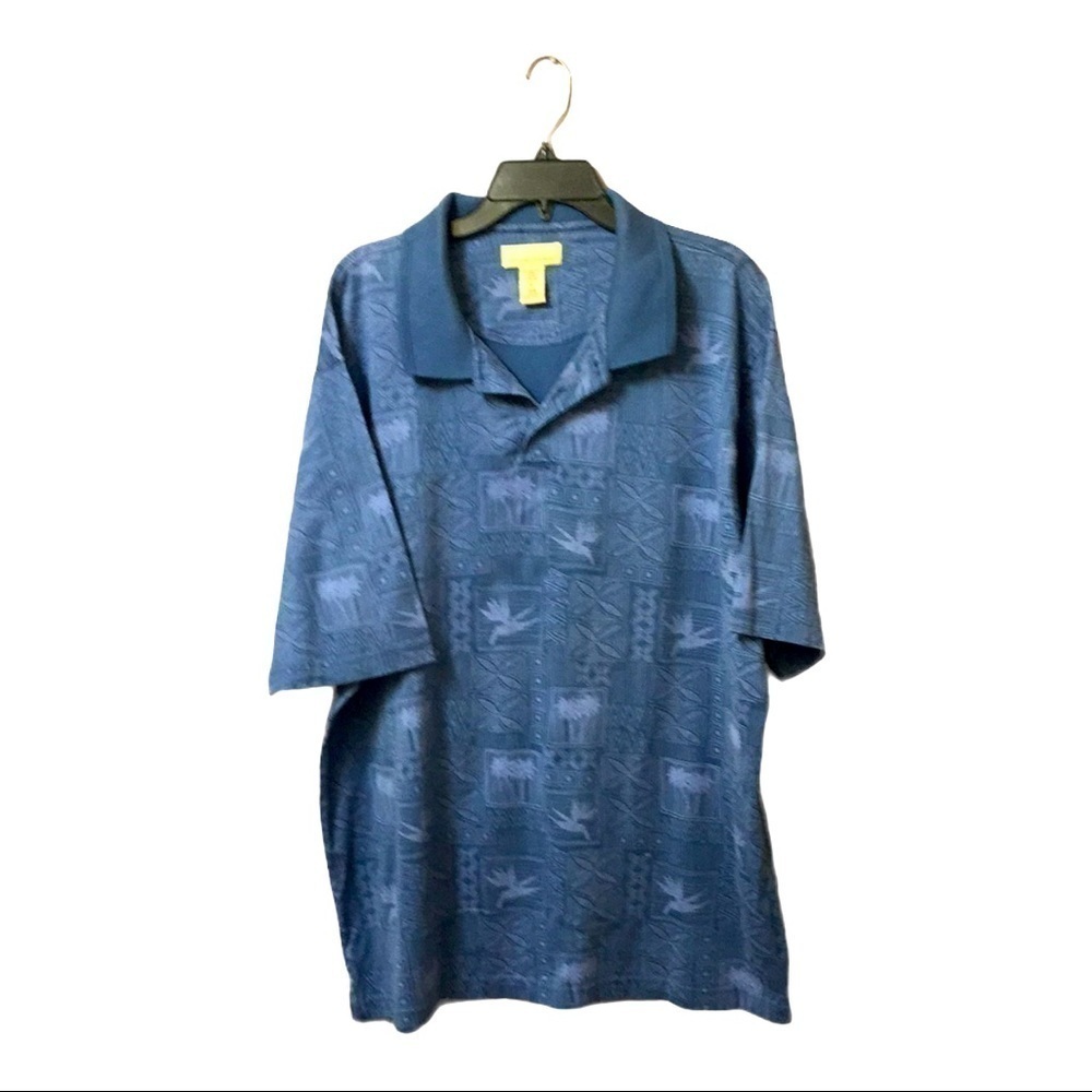 𝅺HAWAIIAN print blue polo gray Aztec design palm trees bird of paradise size XL